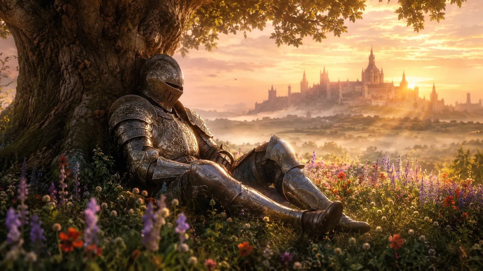 Knight resting in meadow by tree with Citadel on horizon (AI-generated)