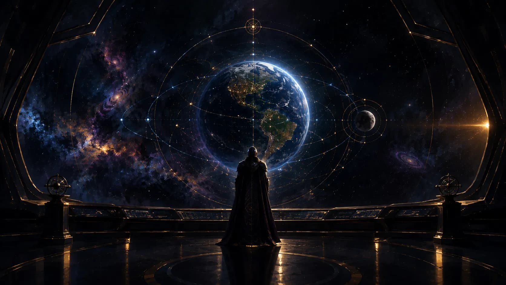 Knight watching cybernetic Earth from Spaceship observatory (AI-generated)
